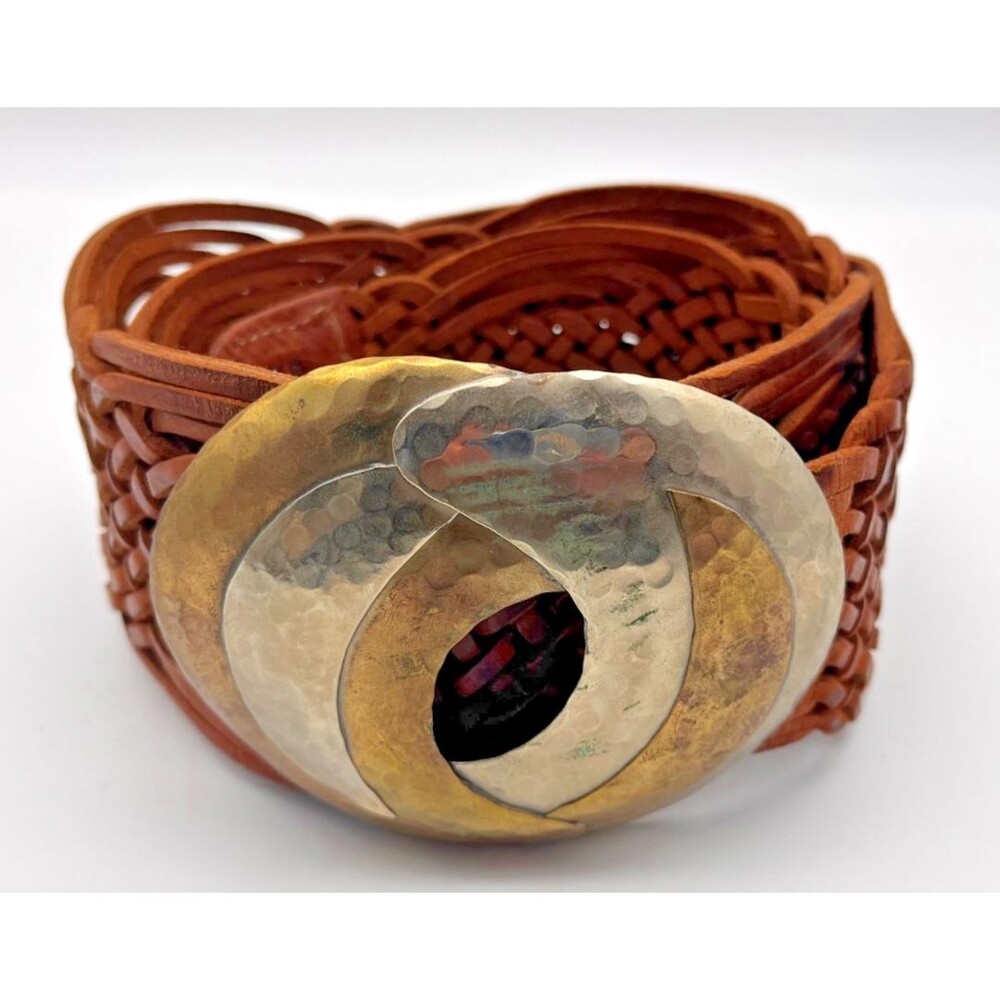 Chicos Moroccan Leather Belt Silver & Bronze Buckle Size M/L Wide Boho Southwest